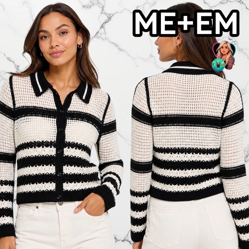 ME+EM Merino Wool Open-Knit Stripe Cardigan White Black Sweater Womens Small
